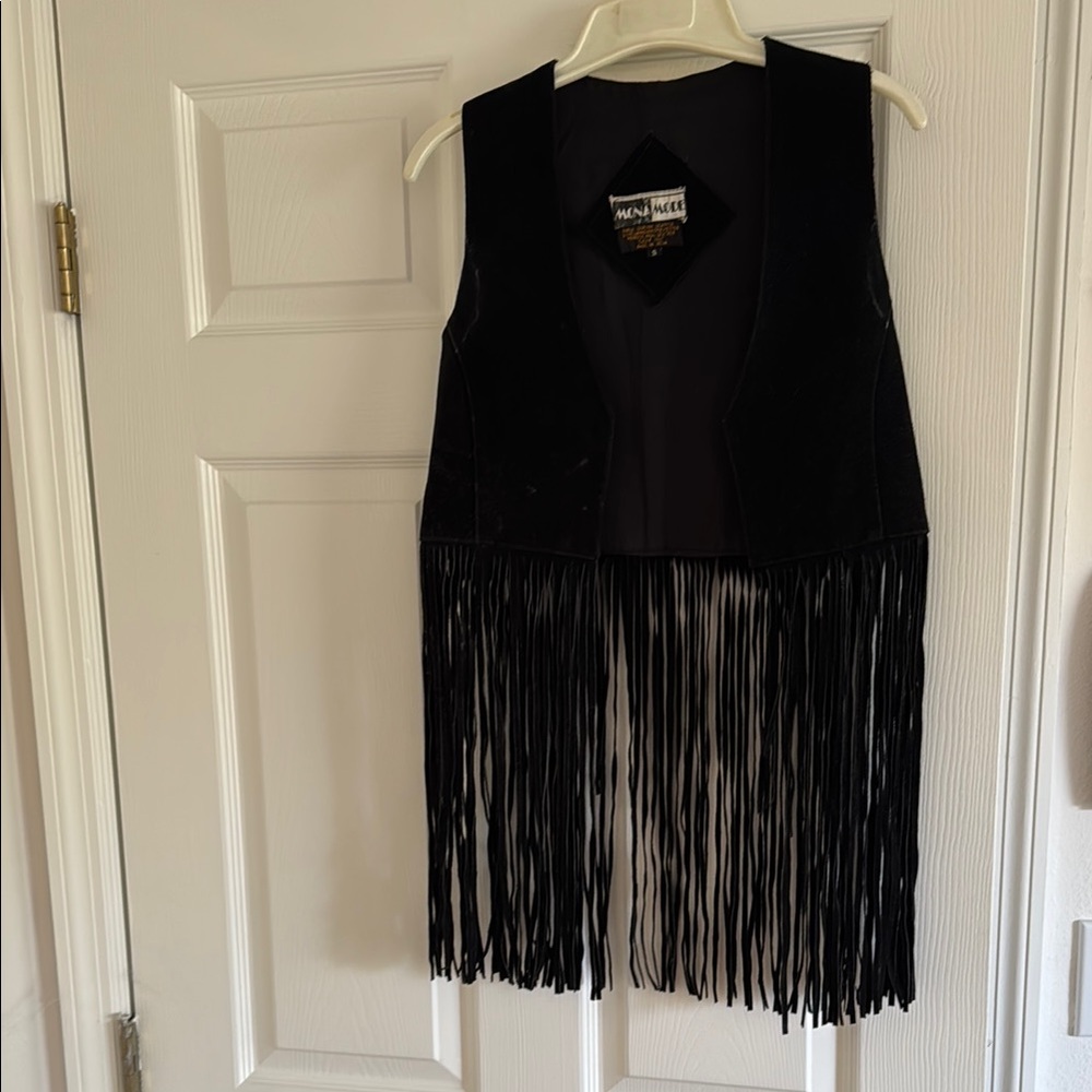 Vintage Black Leather Suede Fringe Vest